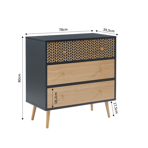 Commode Capucine  Noir Et Effet Chêne 3 Tiroirs 78cm