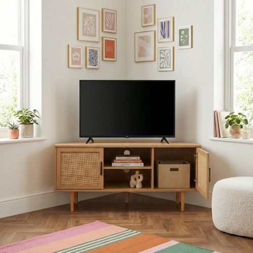 Meuble TV D'angle Amana Effet Chêne Et Cannage Rotin 2 Portes