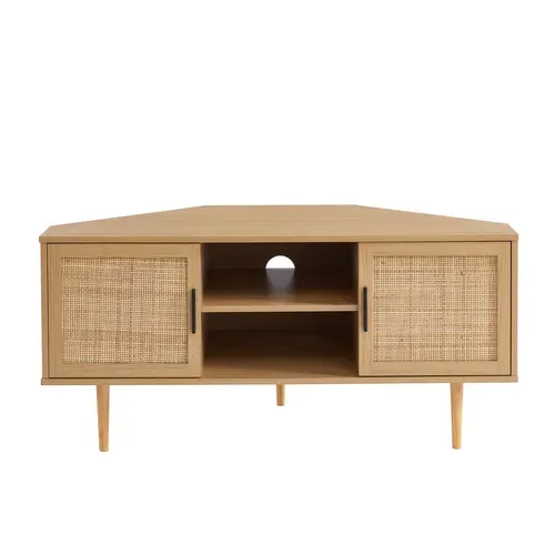 Meuble TV D'angle Amana Effet Chêne Et Cannage Rotin 2 Portes