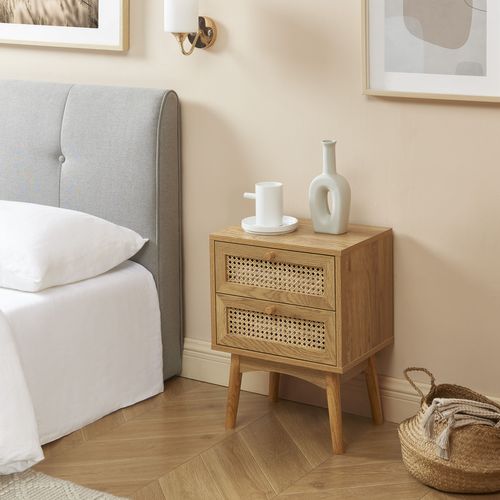 Table De Chevet Ines Effet Chêne Et Cannage Rotin 2 Tiroirs