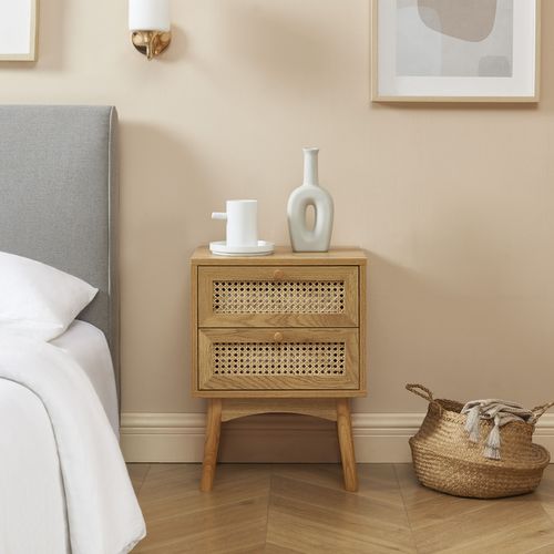 Table De Chevet Ines Effet Chêne Et Cannage Rotin 2 Tiroirs