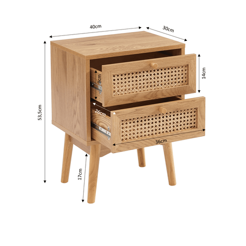 Table De Chevet Ines Effet Chêne Et Cannage Rotin 2 Tiroirs