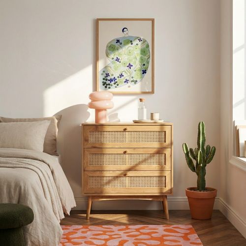 Commode Ines Effet Chêne Et Cannage Rotin 3 Tiroirs