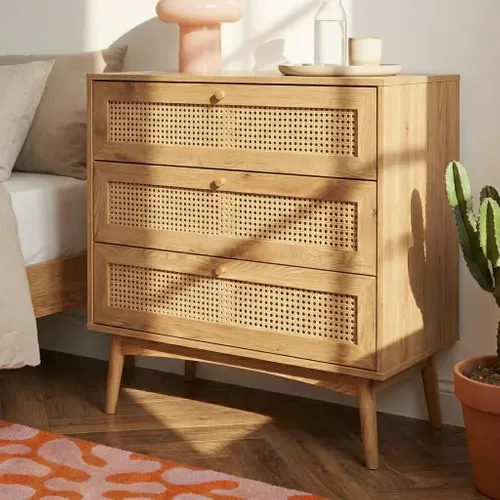 Commode Ines Effet Chêne Et Cannage Rotin 3 Tiroirs