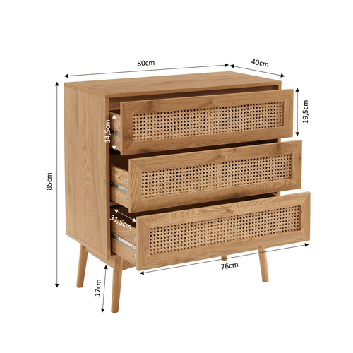 Commode Ines Effet Chêne Et Cannage Rotin 3 Tiroirs