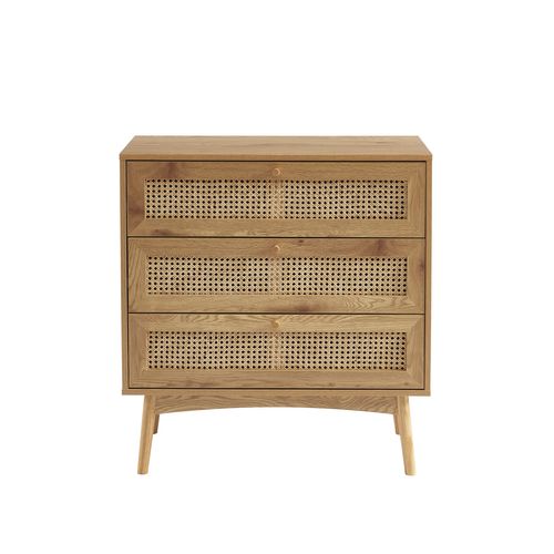 Commode Ines Effet Chêne Et Cannage Rotin 3 Tiroirs