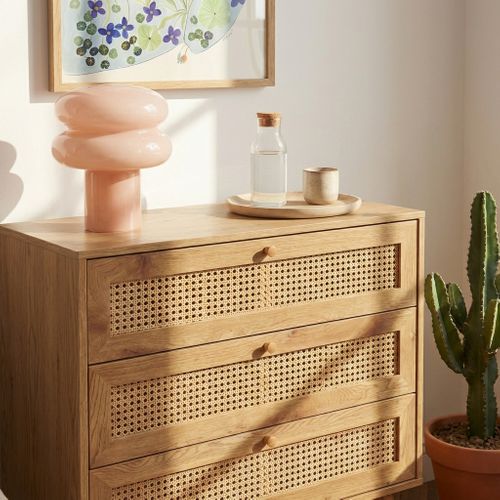 Commode Ines Effet Chêne Et Cannage Rotin 3 Tiroirs