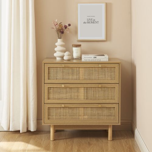 Commode Helena Effet Chêne Et Cannage Rotin 3 Tiroirs