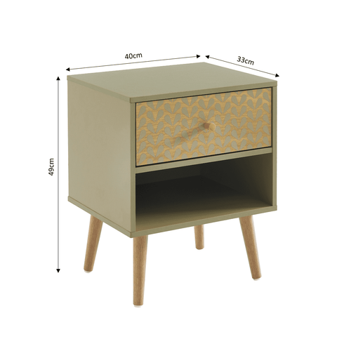 Table De Chevet Capucine Vert Olive & Chêne - 40x33x49cm | 1 Tiroir + Niche