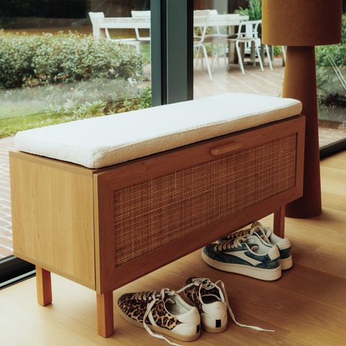 Banc D'entrée Avec Rangement Chaussures En Bois Et Cannage L100cm