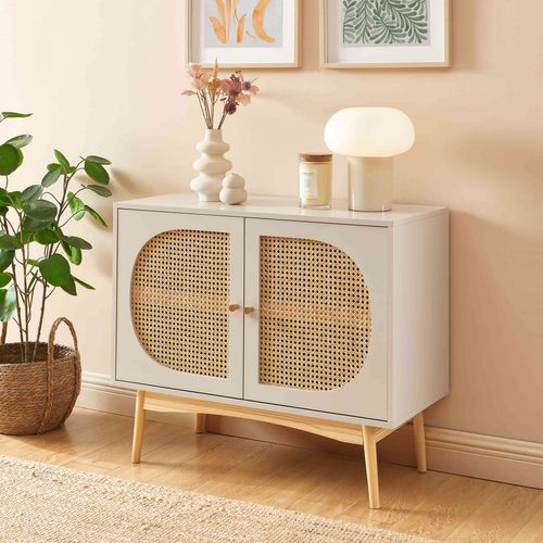 Buffet Sixtine Gris Perle Et Cannage Rotin 90cm