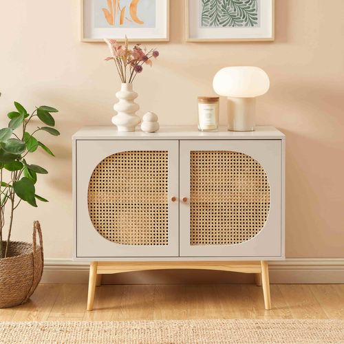 Buffet Sixtine Gris Perle Et Cannage Rotin 90cm