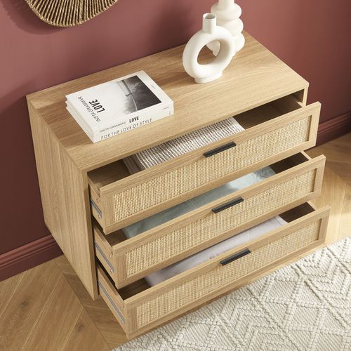 Commode Amana Effet Chêne Et Cannage Rotin 3 Tiroirs 80cm