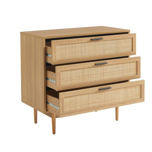 Commode Amana Effet Chêne Et Cannage Rotin 3 Tiroirs 80cm