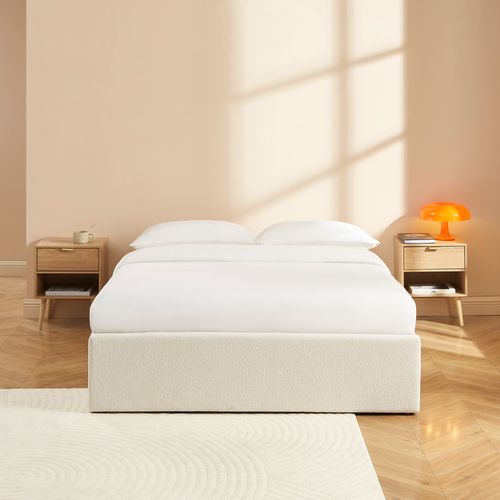 Lit Coffre Marcy Tissu Chenille Beige 140x190 Sommier Inclus