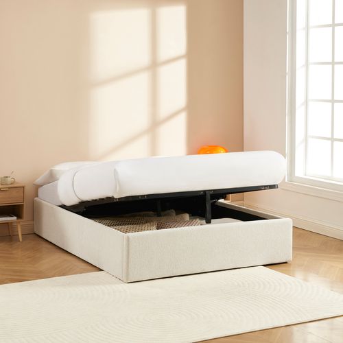 Lit Coffre Marcy Tissu Chenille Beige 140x190 Sommier Inclus