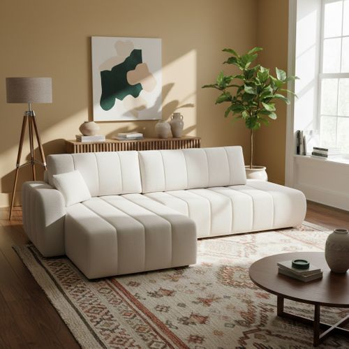 Canapé D'angle Gauche Convertible Belem 4/5 Places Tissu Bouclette Écru