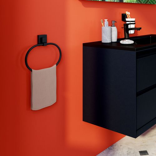 Ensemble Accessoires Salle De Bain 4 Pièces Noir - Porte-serviette 40 Cm, Anneau, Distributeur Papier, Crochet - Aluminium - 6