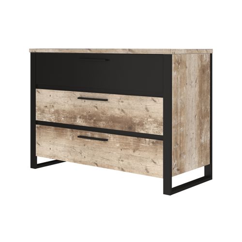 Commode 3 tiroirs DISTRICT imitation chêne et noir
