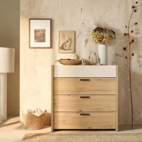 Commode 4 tiroirs MUSE imitation chêne artisan/sable vue d'ambiance 1
