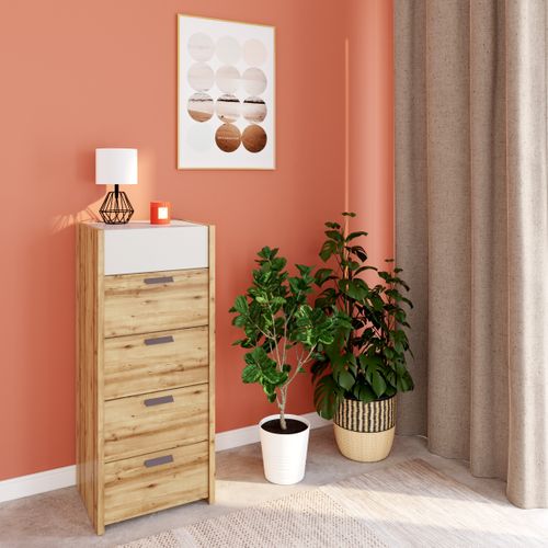 Chiffonnier 5 tiroirs MUSE imitation chêne artisan/sable vue d'ambiance 1