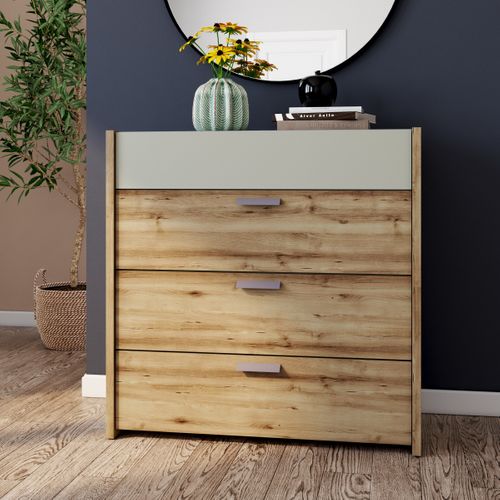 Commode 4 tiroirs MUSE imitation chêne artisan/sauge vue d'ambiance 1