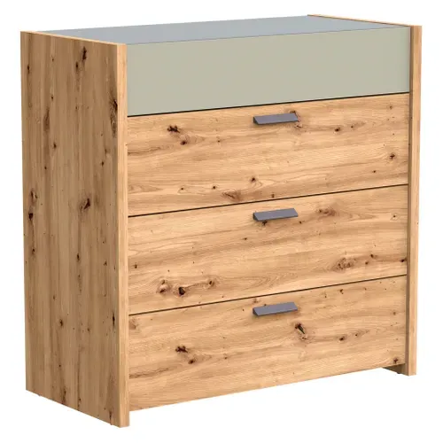 Commode 4 tiroirs MUSE imitation chêne artisan/sauge vue 3/4