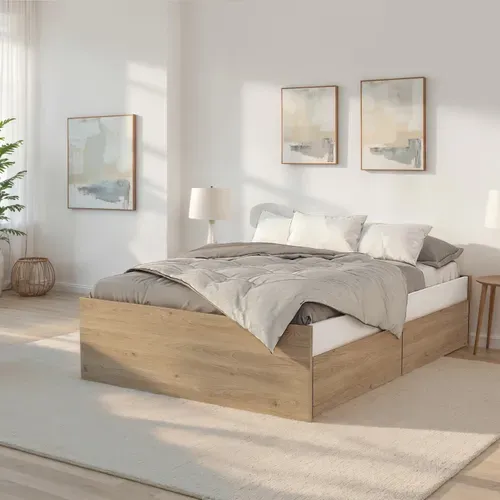 Lit 140x190 cm 4 tiroirs AMBRE imitation chêne et blanc