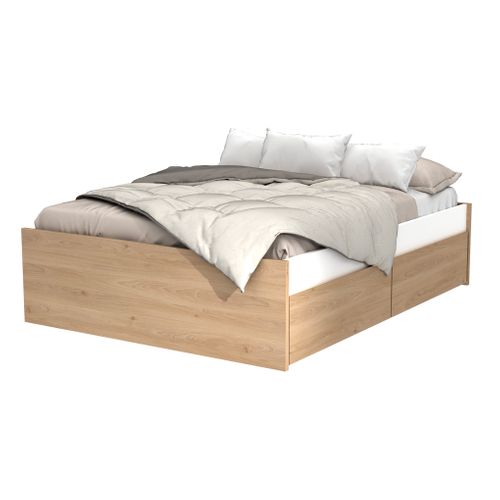 Lit 140x190 cm 4 tiroirs AMBRE imitation chêne et blanc