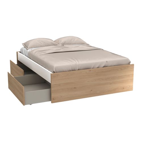 Lit 140x190 cm 4 tiroirs AMBRE imitation chêne et blanc