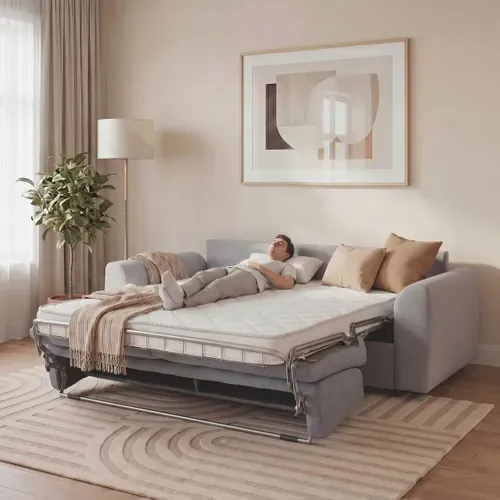 Canapé convertible express 3 places CLAYVE tissu gris clair matelas 13 cm