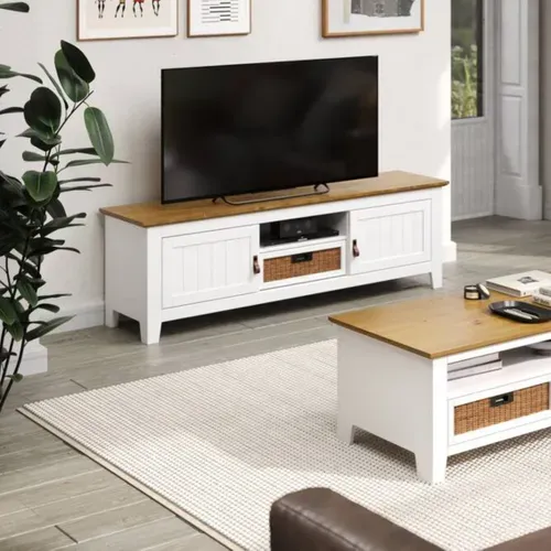 Meuble TV CAROL Blanc / imitation chêne vue d'ambiance 1