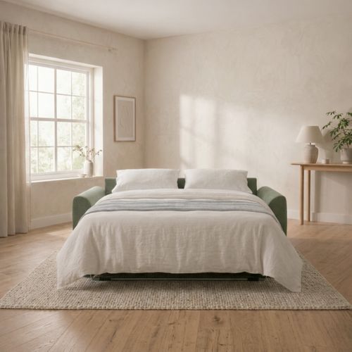 Canapé convertible express 3 places CLAYVE tissu vert matelas 13 cm