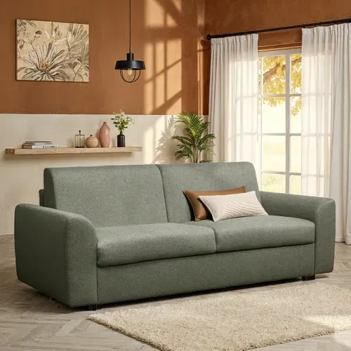 Canapé convertible express 3 places CLAYVE tissu vert matelas 13 cm