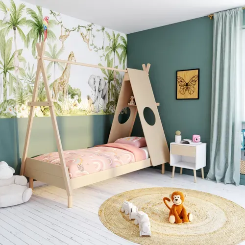 Lit tipi 90x190/200 cm SWAN taupe et pin vue d'ambiance 1