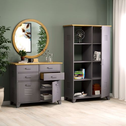 Commode 2 portes 4 tiroirs en pin SIX gris