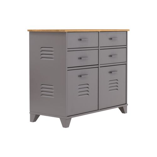 Commode 2 portes 4 tiroirs en pin SIX gris
