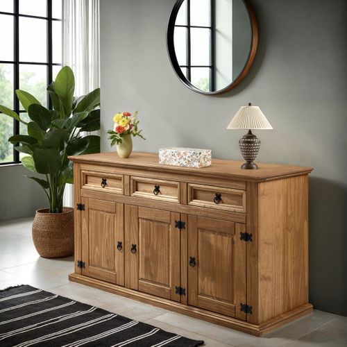 Buffet 3 portes 3 tiroirs EL PATIO en pin massif finition cirée vue d'ambiance 1