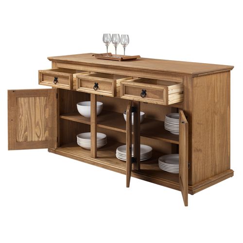 Buffet 3 portes 3 tiroirs EL PATIO en pin massif finition cirée