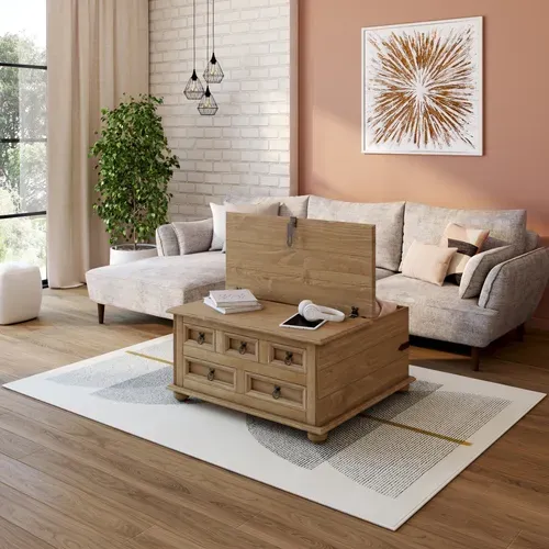 Table basse EL PATIO en pin massif finition cirée vue d'ambiance 1