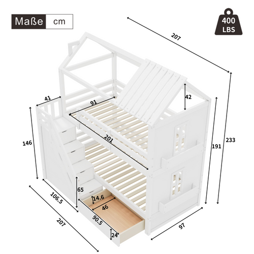 Lit Mezzanine Enfant 90x200 Avec Escalier Rangement, 3 Tiroirs Et Tableau Noir - Pin Blanc/Naturel