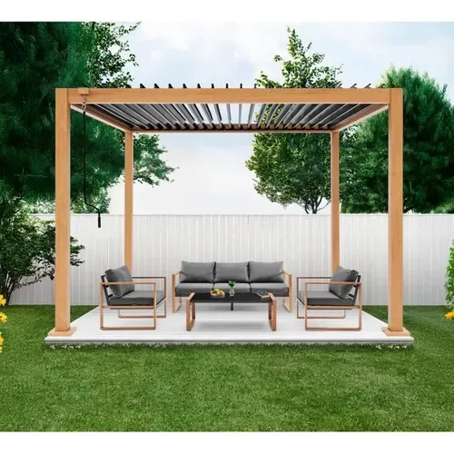 Pergola Bioclimatique Gaya - Structure En Aluminium Et En Acier - L300 X P300 X H240 Cm  Aspect Bois