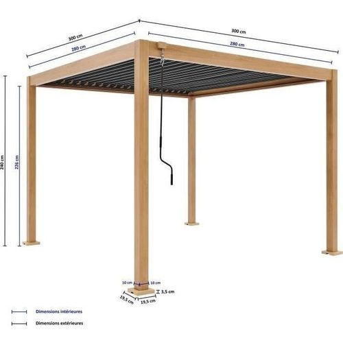 Pergola Bioclimatique Gaya - Structure En Aluminium Et En Acier - L300 X P300 X H240 Cm  Aspect Bois