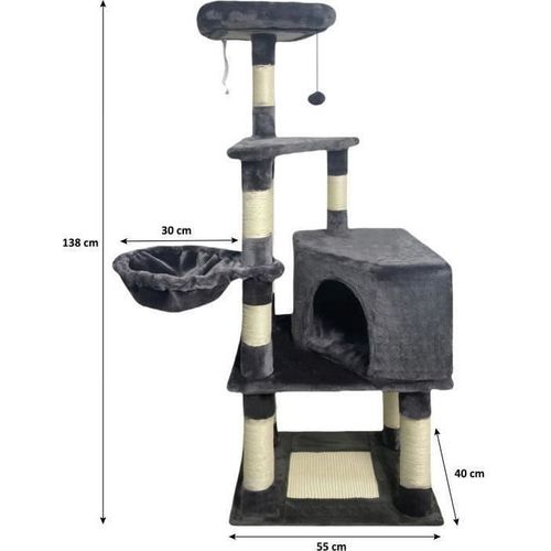 Swifty Arbre à Chat 55x40x138 Cm - Gris  - 3 Plateformes, 1 Perchoir, 1 Niche, Poteaux à Griffer