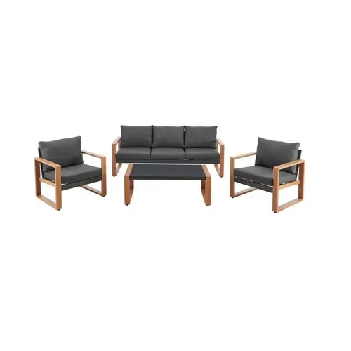 Salon Bas De Jardin 5 Personnes Aluminium Effet Bois, Avec Coussins Gris Puerto