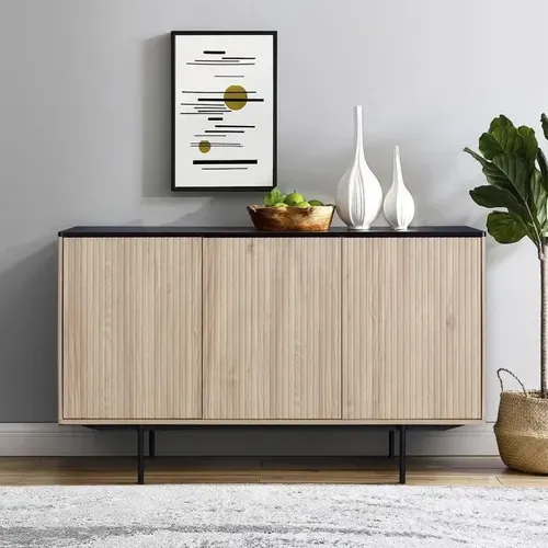 Buffet - Décor Bois Et Noir - 3 Portes - Memphis - L 140 X P 39 X H 82,80 Cm