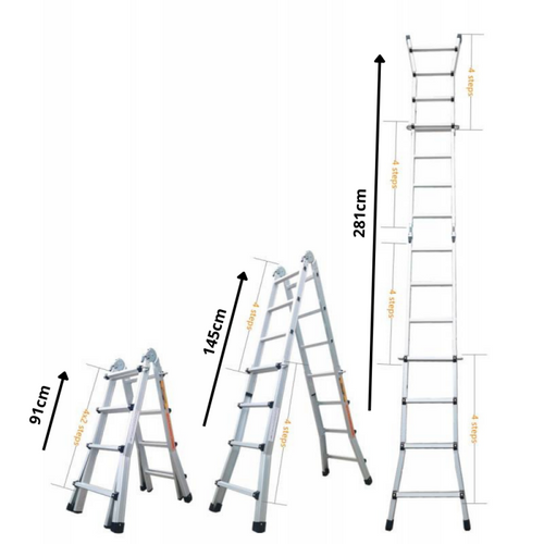 échelle Articulée Pliante Et Télescopique En Aluminium 4x3 Marches 2,81m + 1 Tablette