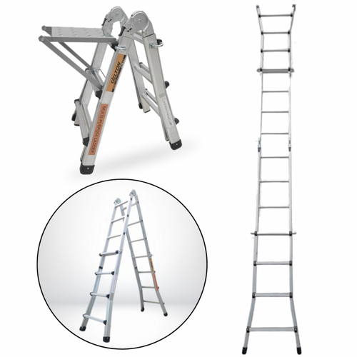 échelle Articulée Pliante Et Télescopique En Aluminium 4x3 Marches 2,81m + 1 Tablette
