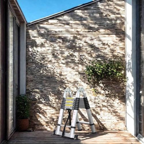 Escabeau-échelle télescopique woerther Double Fonctions - 5m/2m50 - avec Sac Porte Outils - modèle grafitek, en Graphite et Aluminium 7175t6 avec Doubles Barres stabilisatrices - Garantie 5 Ans