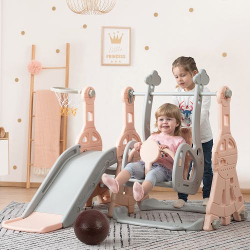 Toboggan Balancoire Toboggan Enfant 4 En 1 Sinbide - Avec Balançoire, Panier Basket Et Échelle - Jeu Intérieur/Extérieur Cadre Jeu PE Sécurisé